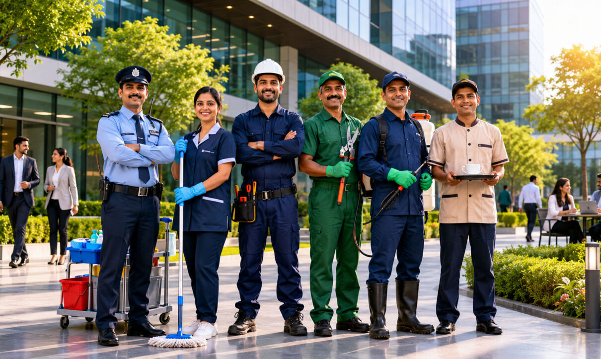 Professional integrated facility management team providing security, housekeeping, maintenance and pest control services in Noida.