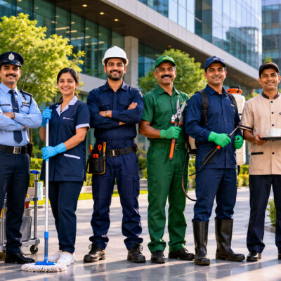 Professional integrated facility management team providing security, housekeeping, maintenance and pest control services in Noida.
