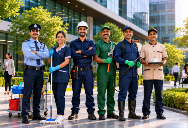 Professional integrated facility management team providing security, housekeeping, maintenance and pest control services in Noida.