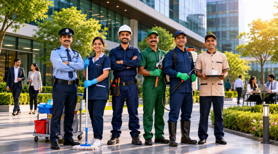 Professional integrated facility management team providing security, housekeeping, maintenance and pest control services in Noida.