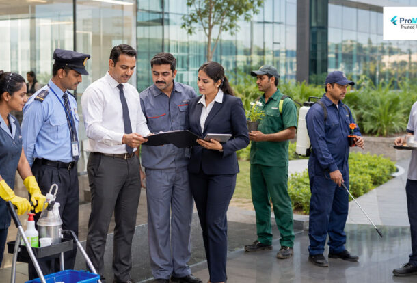 Professional integrated facility management team providing housekeeping, security, maintenance, and support services for corporate offices in Noida.