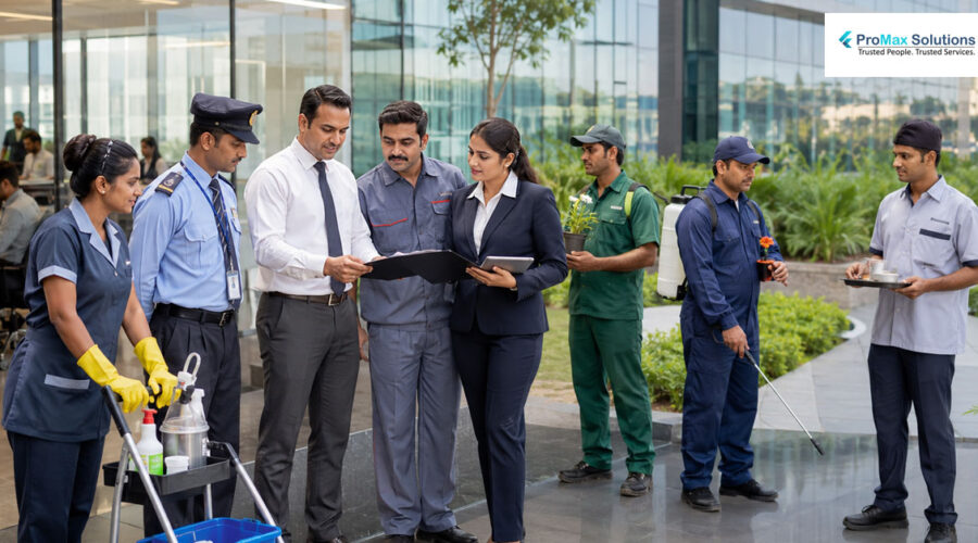 Professional integrated facility management team providing housekeeping, security, maintenance, and support services for corporate offices in Noida.
