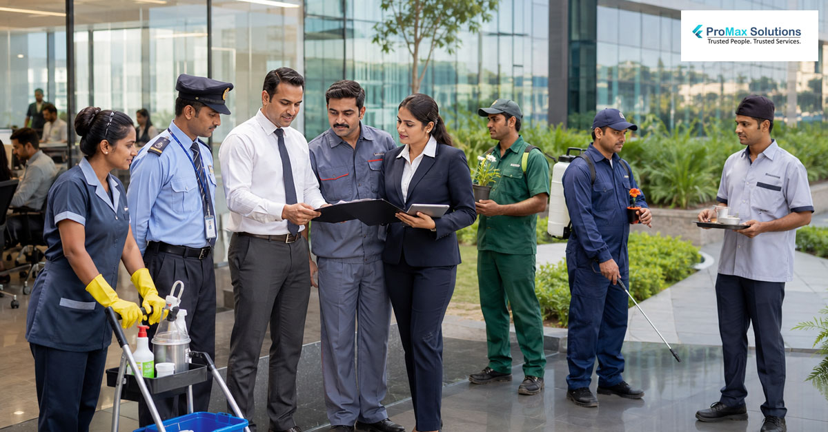 Professional integrated facility management team providing housekeeping, security, maintenance, and support services for corporate offices in Noida.