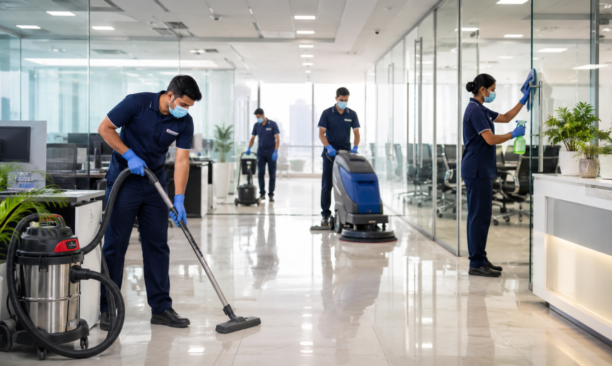 Professional housekeeping staff performing deep cleaning in a modern corporate office using industrial cleaning machines to maintain workplace hygiene in Noida, Ghaziabad, Greater Noida, Gurgaon, and West UP.