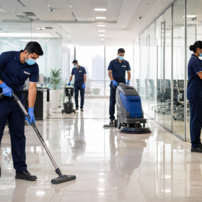 Professional housekeeping staff performing deep cleaning in a modern corporate office using industrial cleaning machines to maintain workplace hygiene in Noida, Ghaziabad, Greater Noida, Gurgaon, and West UP.