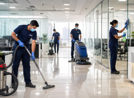 Professional housekeeping staff performing deep cleaning in a modern corporate office using industrial cleaning machines to maintain workplace hygiene in Noida, Ghaziabad, Greater Noida, Gurgaon, and West UP.