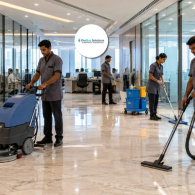 Professional housekeeping staff cleaning a modern corporate office with advanced cleaning equipment in Meerut.
