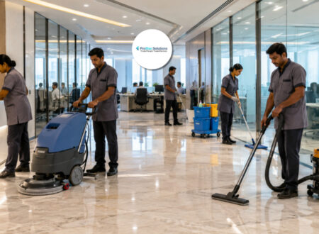 Professional housekeeping staff cleaning a modern corporate office with advanced cleaning equipment in Meerut.