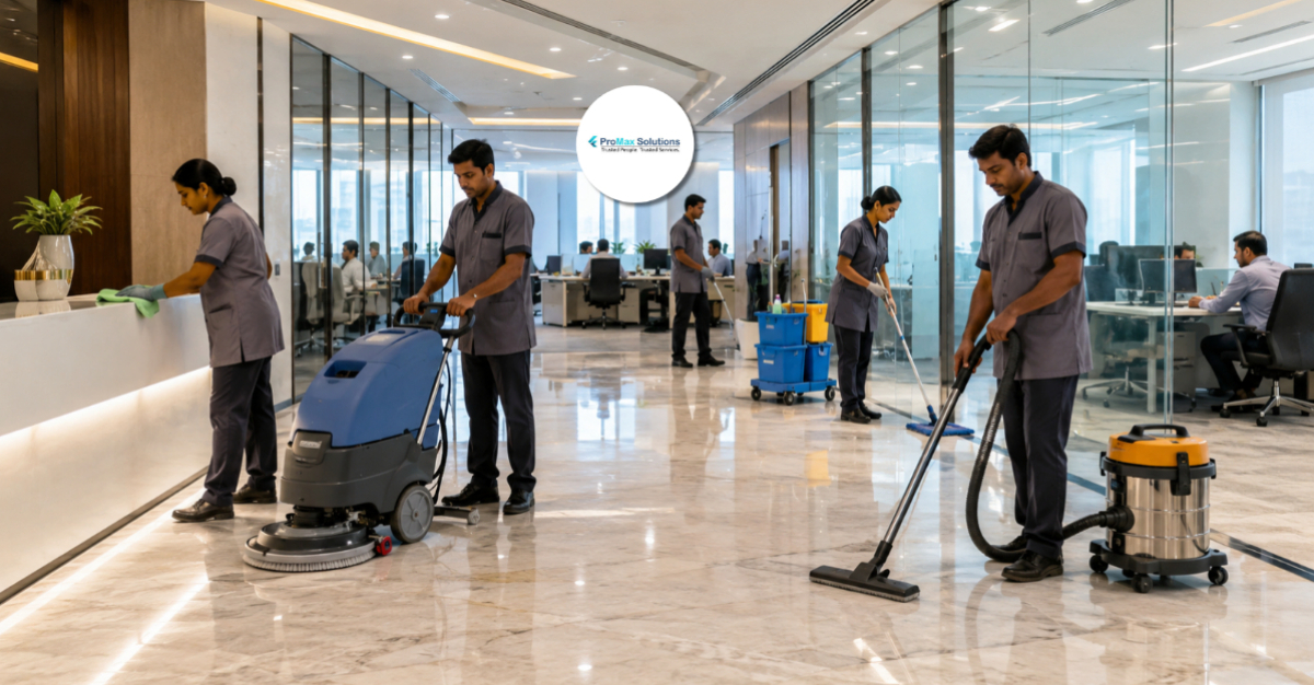 Professional housekeeping staff cleaning a modern corporate office with advanced cleaning equipment in Meerut.