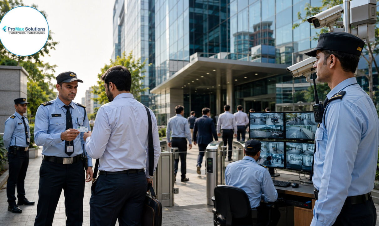 Professional Indian security guards checking visitor ID and monitoring CCTV outside a modern corporate office building in Ghaziabad.