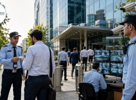 Professional Indian security guards checking visitor ID and monitoring CCTV outside a modern corporate office building in Ghaziabad.