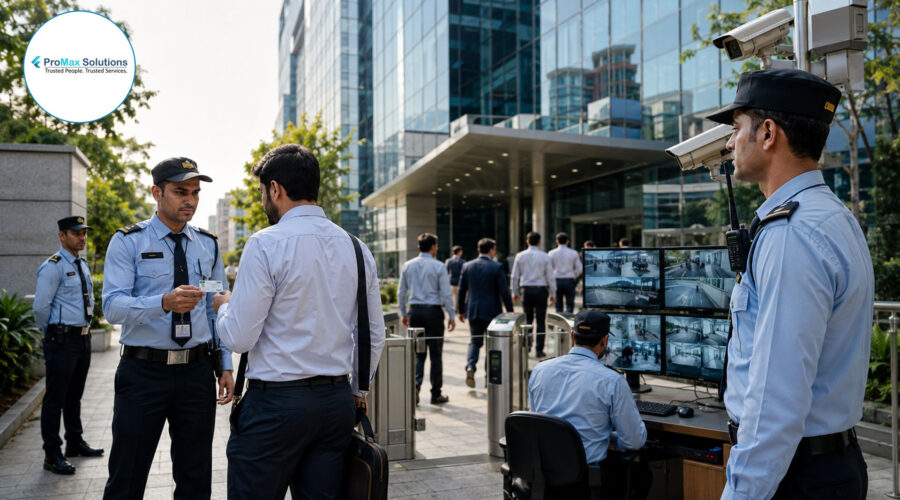 Professional Indian security guards checking visitor ID and monitoring CCTV outside a modern corporate office building in Ghaziabad.