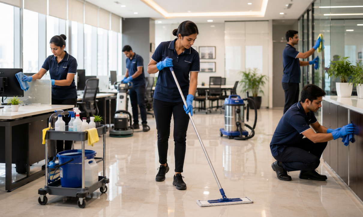 Professional housekeeping staff providing commercial cleaning services in a modern corporate office in Noida and West UP.