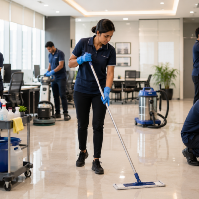 Professional housekeeping staff providing commercial cleaning services in a modern corporate office in Noida and West UP.