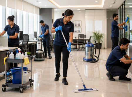 Professional housekeeping staff providing commercial cleaning services in a modern corporate office in Noida and West UP.