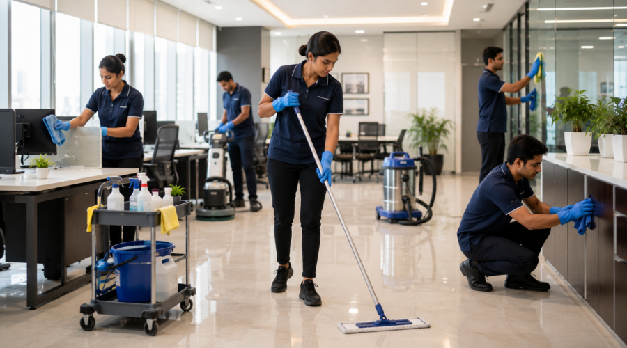 Professional housekeeping staff providing commercial cleaning services in a modern corporate office in Noida and West UP.