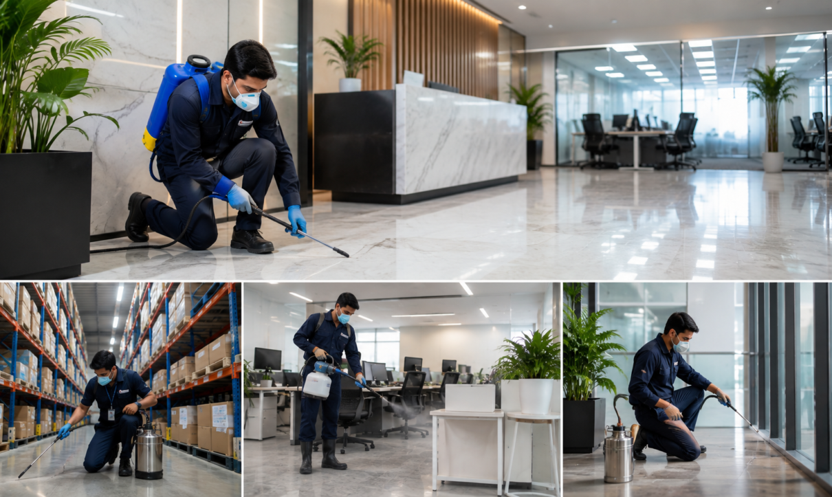 Professional Indian pest control technician providing eco-friendly pest control treatment inside a modern corporate office to protect businesses in Noida, Ghaziabad, Greater Noida, Gurgaon, and West UP.