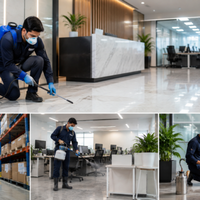 Professional Indian pest control technician providing eco-friendly pest control treatment inside a modern corporate office to protect businesses in Noida, Ghaziabad, Greater Noida, Gurgaon, and West UP.