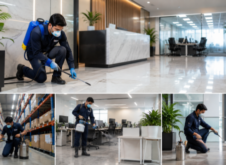 Professional Indian pest control technician providing eco-friendly pest control treatment inside a modern corporate office to protect businesses in Noida, Ghaziabad, Greater Noida, Gurgaon, and West UP.