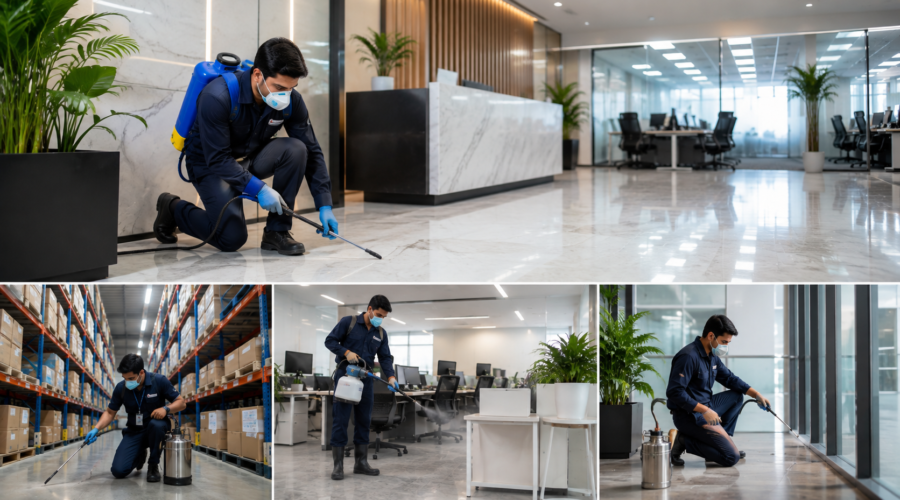 Professional Indian pest control technician providing eco-friendly pest control treatment inside a modern corporate office to protect businesses in Noida, Ghaziabad, Greater Noida, Gurgaon, and West UP.