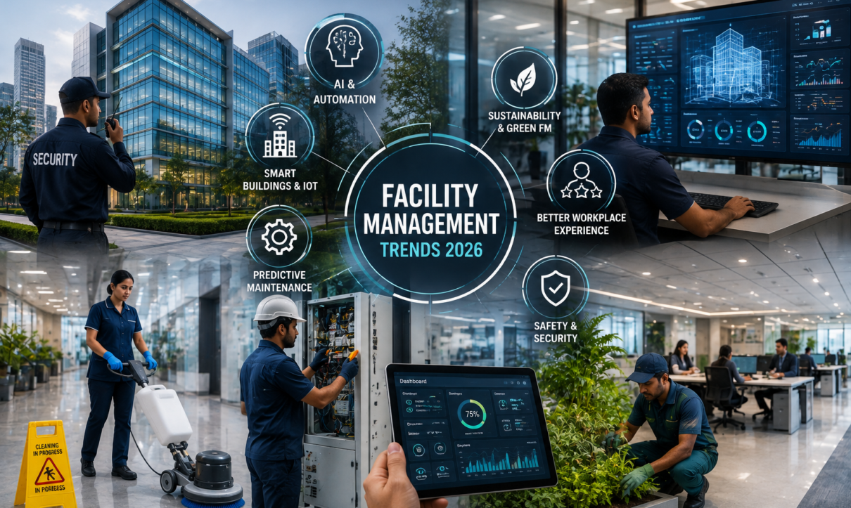 Modern facility management solutions using AI, smart building technology, predictive maintenance and sustainable workplace practices in Noida and West UP.