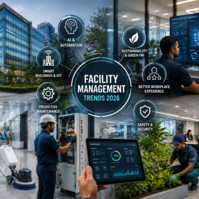 Modern facility management solutions using AI, smart building technology, predictive maintenance and sustainable workplace practices in Noida and West UP.