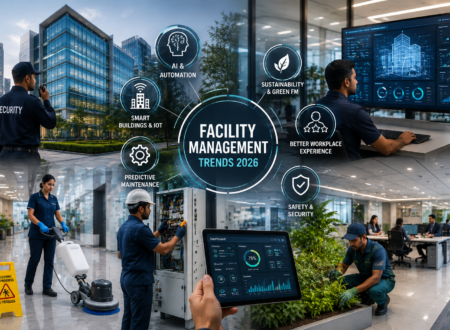 Modern facility management solutions using AI, smart building technology, predictive maintenance and sustainable workplace practices in Noida and West UP.