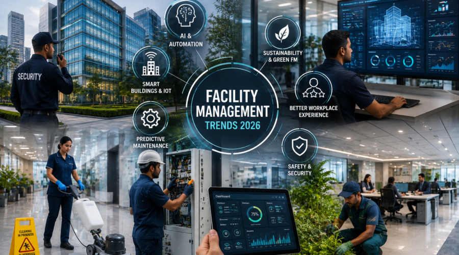 Modern facility management solutions using AI, smart building technology, predictive maintenance and sustainable workplace practices in Noida and West UP.